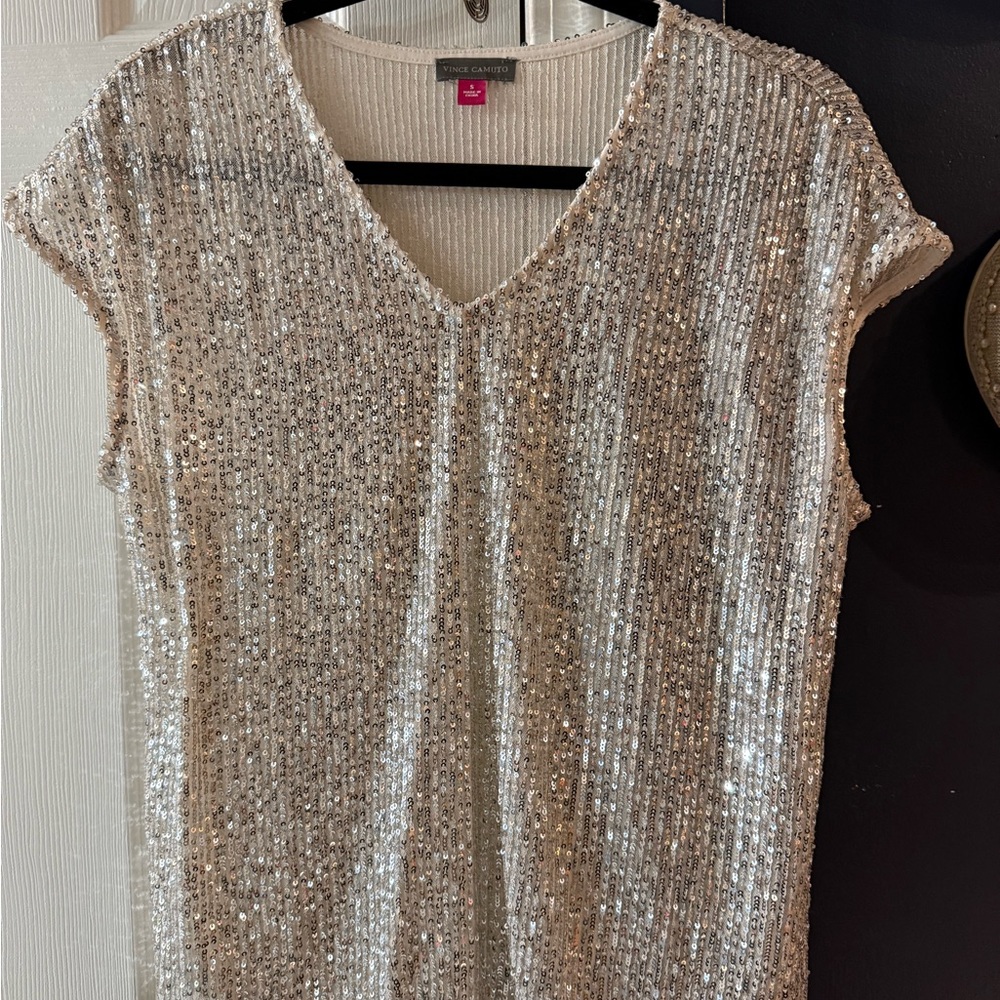 Vince Camuto Metallic Silver Ribbed Knit Top